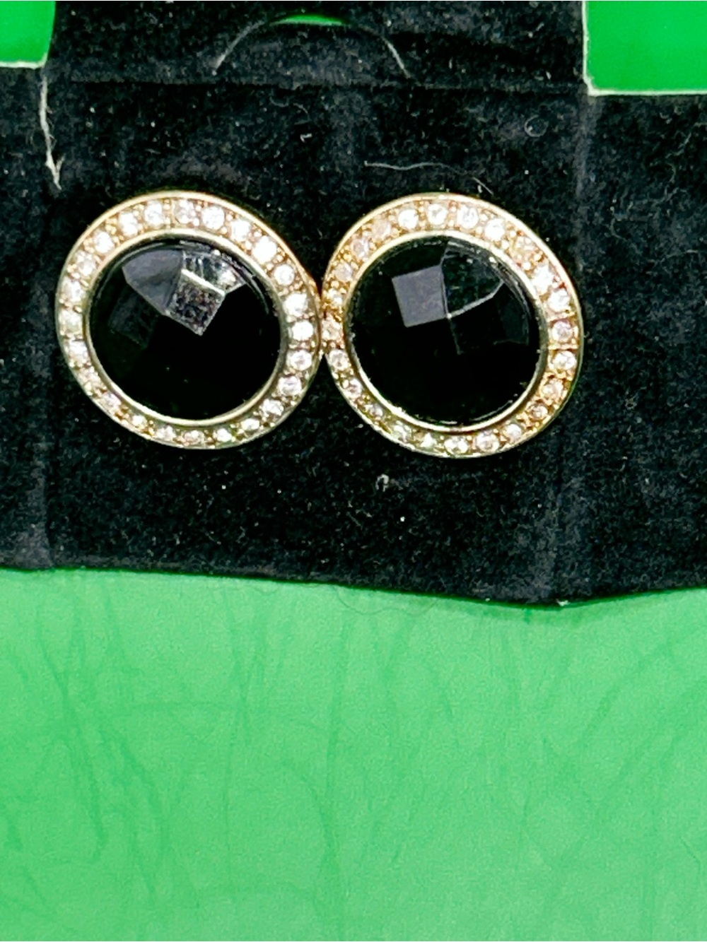 Gold Crystal-Trim Black Glass Round Stud Earrings
